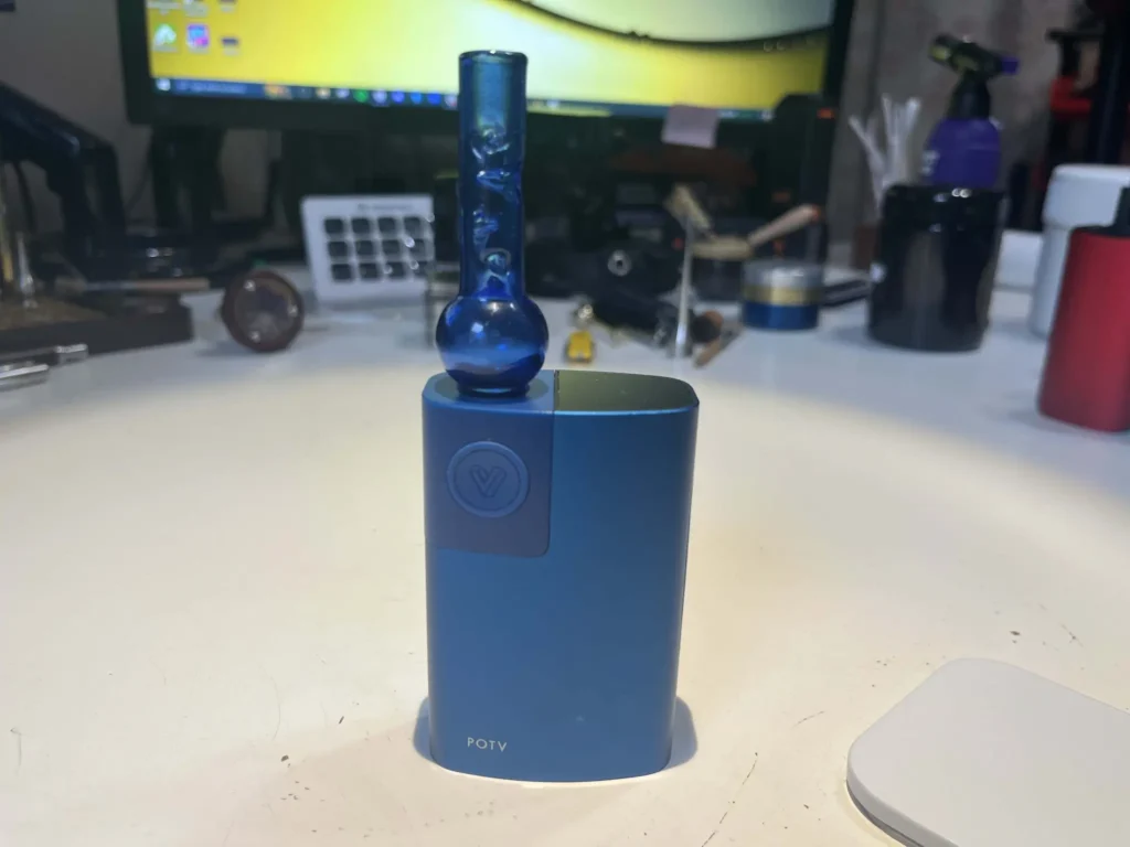 Planet of the Vapes blue Lobo with the blue glass globe stem attached.