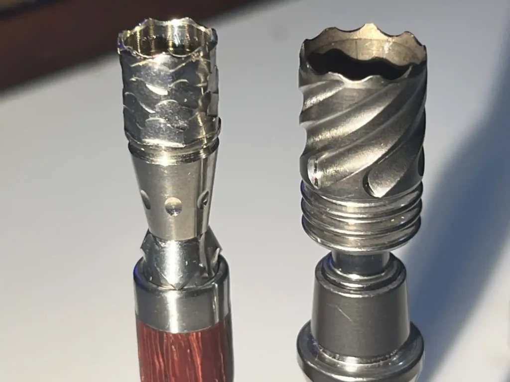 Woodwynd tip on the left, HyperDyn tip on the right. What a massive difference!